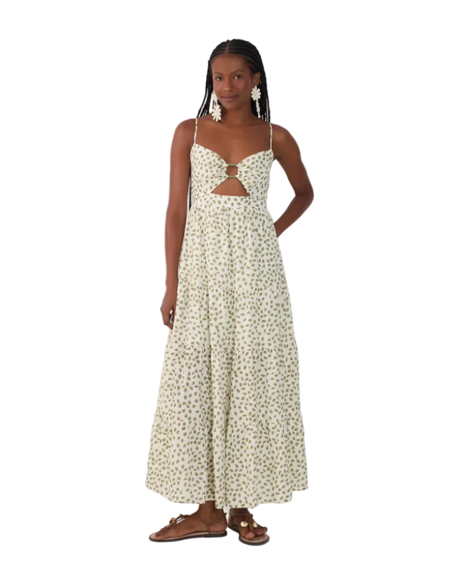 maxi dress in white with green leaves all over