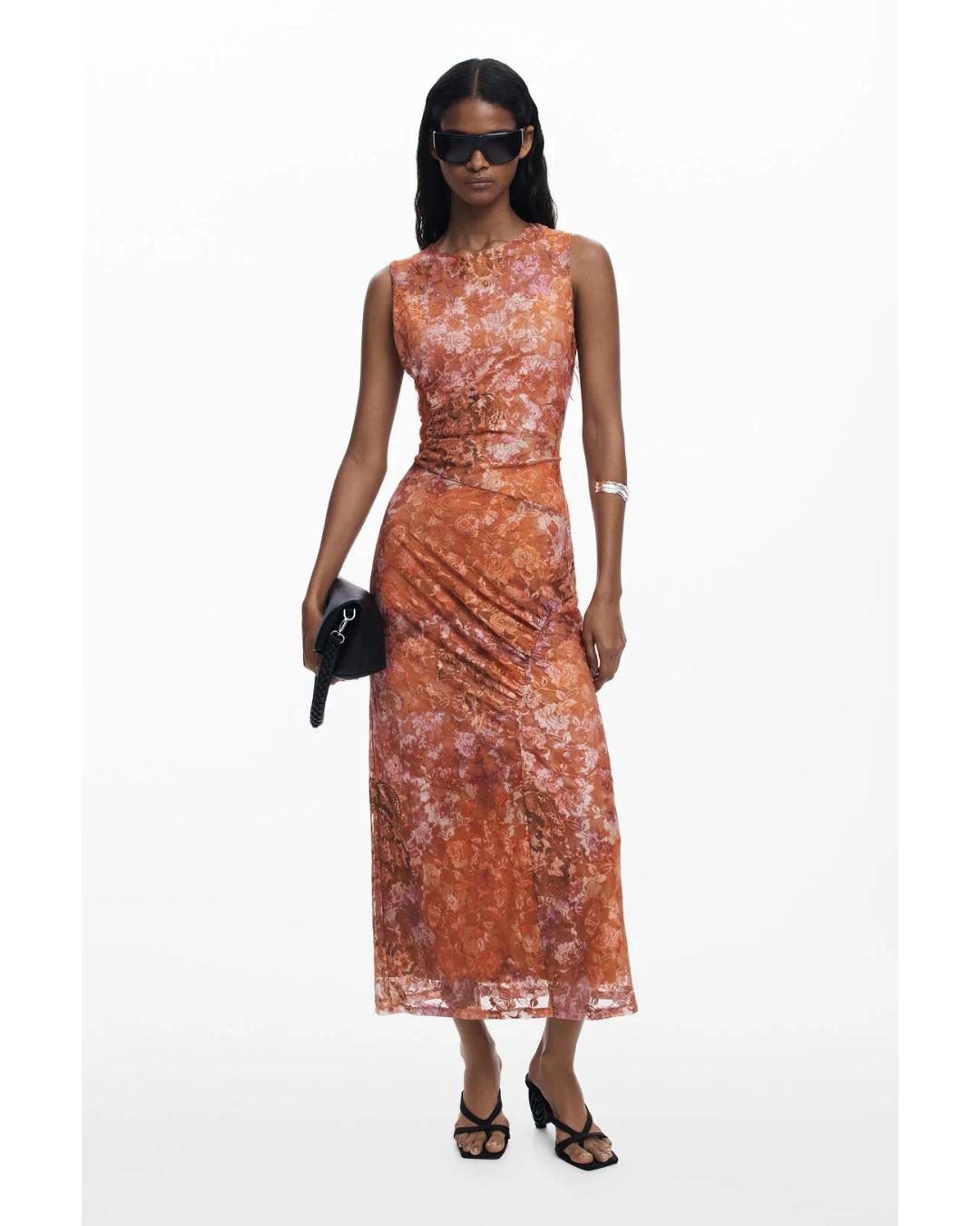 floral draped dress in orang