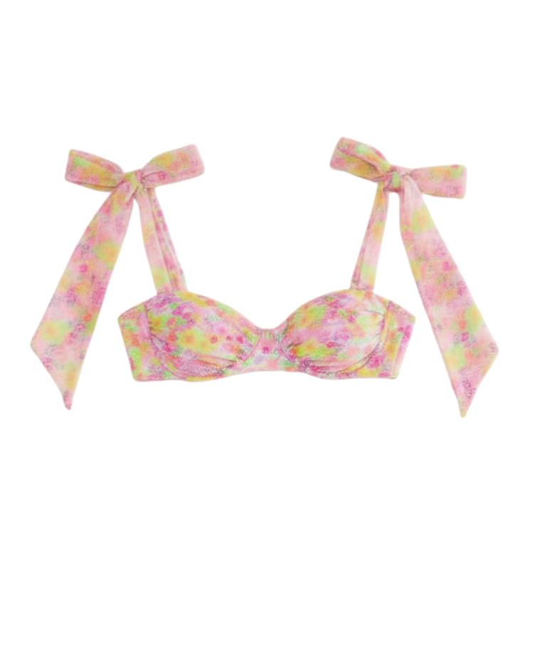 bikini top in pink, yellow and orange floral print