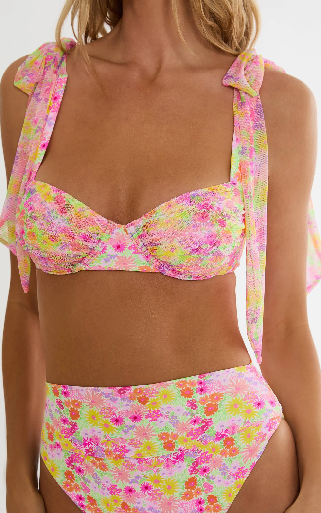 bikini top in pink, yellow and orange floral print