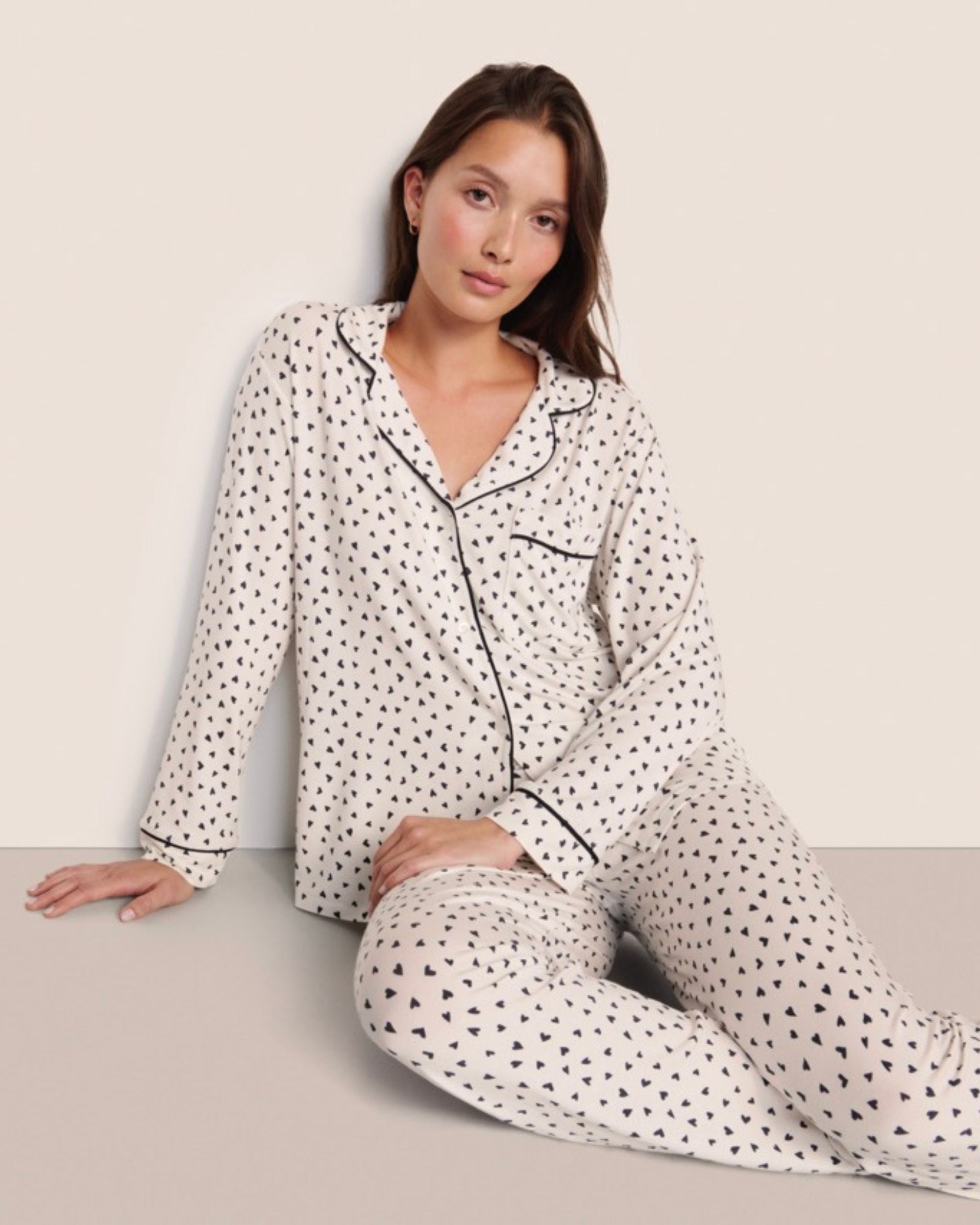 long sleeve pant modal pj set in white with black hearts all over by Eberjey