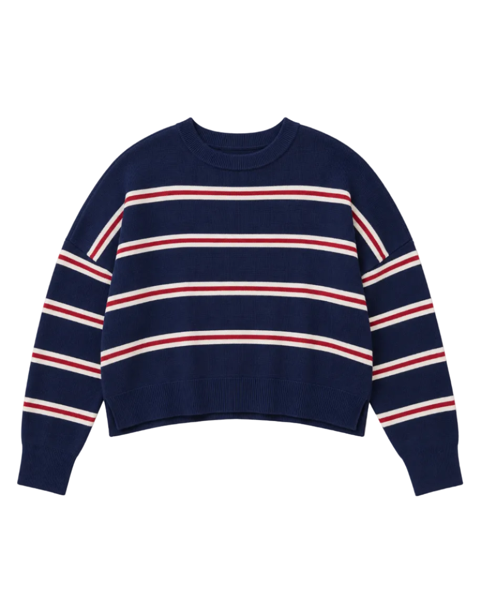 navy sweater with red and white stripes