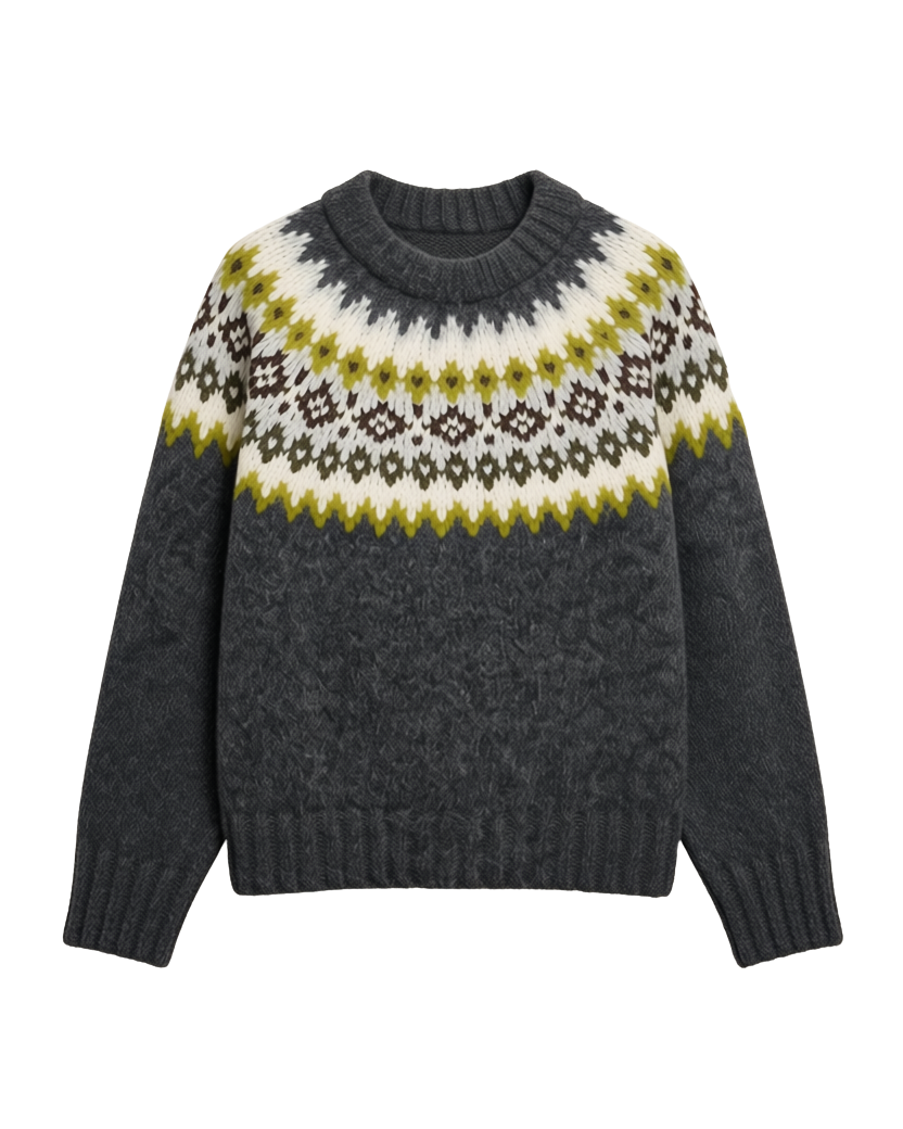 grey knit sweater with green and grey fair isle design on the top