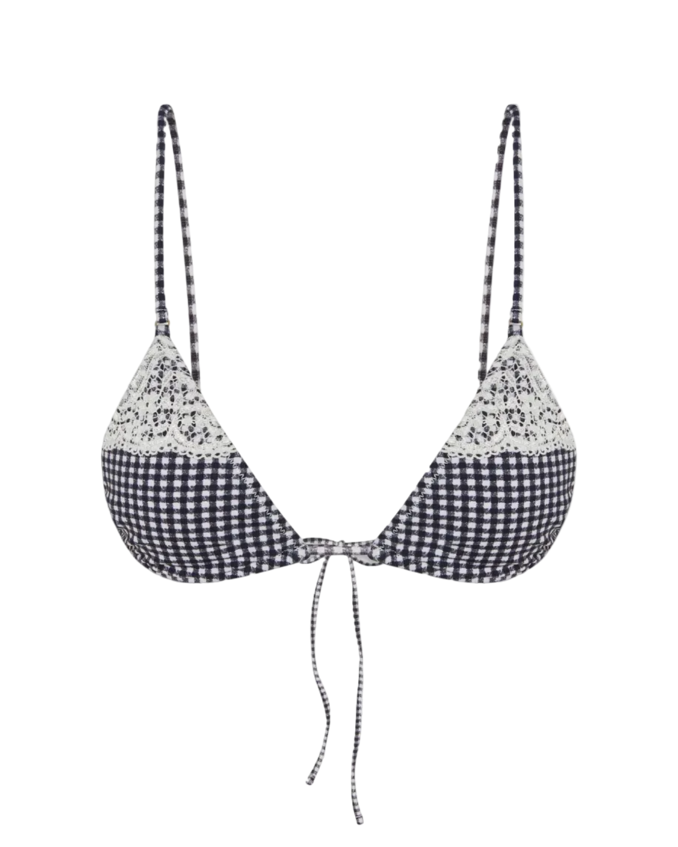 blue and white gingham bikini top with white lace on the top