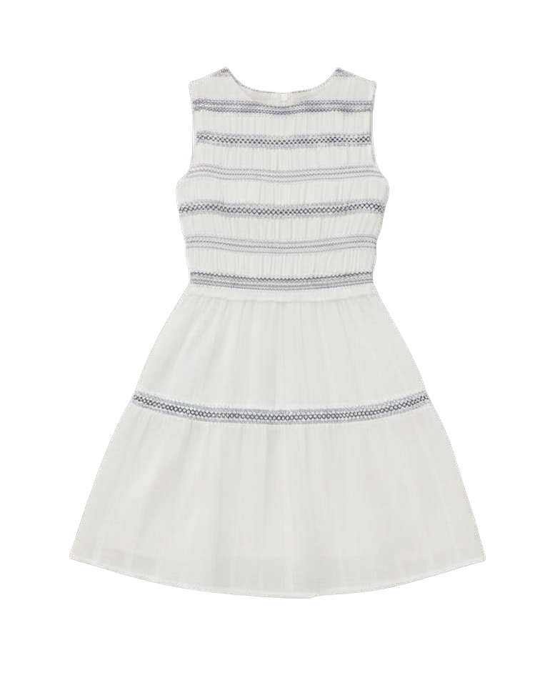 white mini dress wth blue details