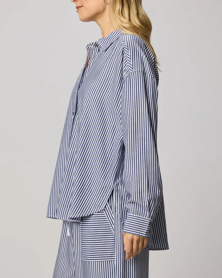navy and white stripe button down shirt