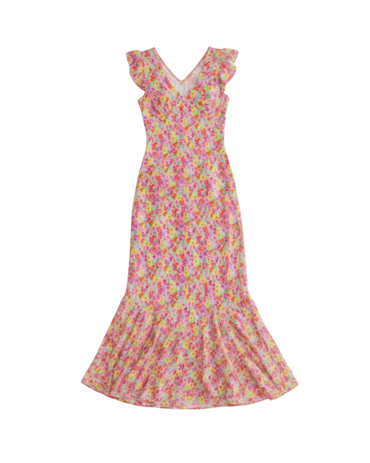 maxi dress with a pink, green and yellow floral print