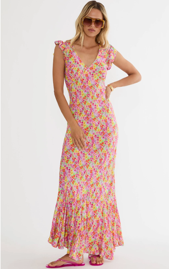 maxi dress with a pink, green and yellow floral print