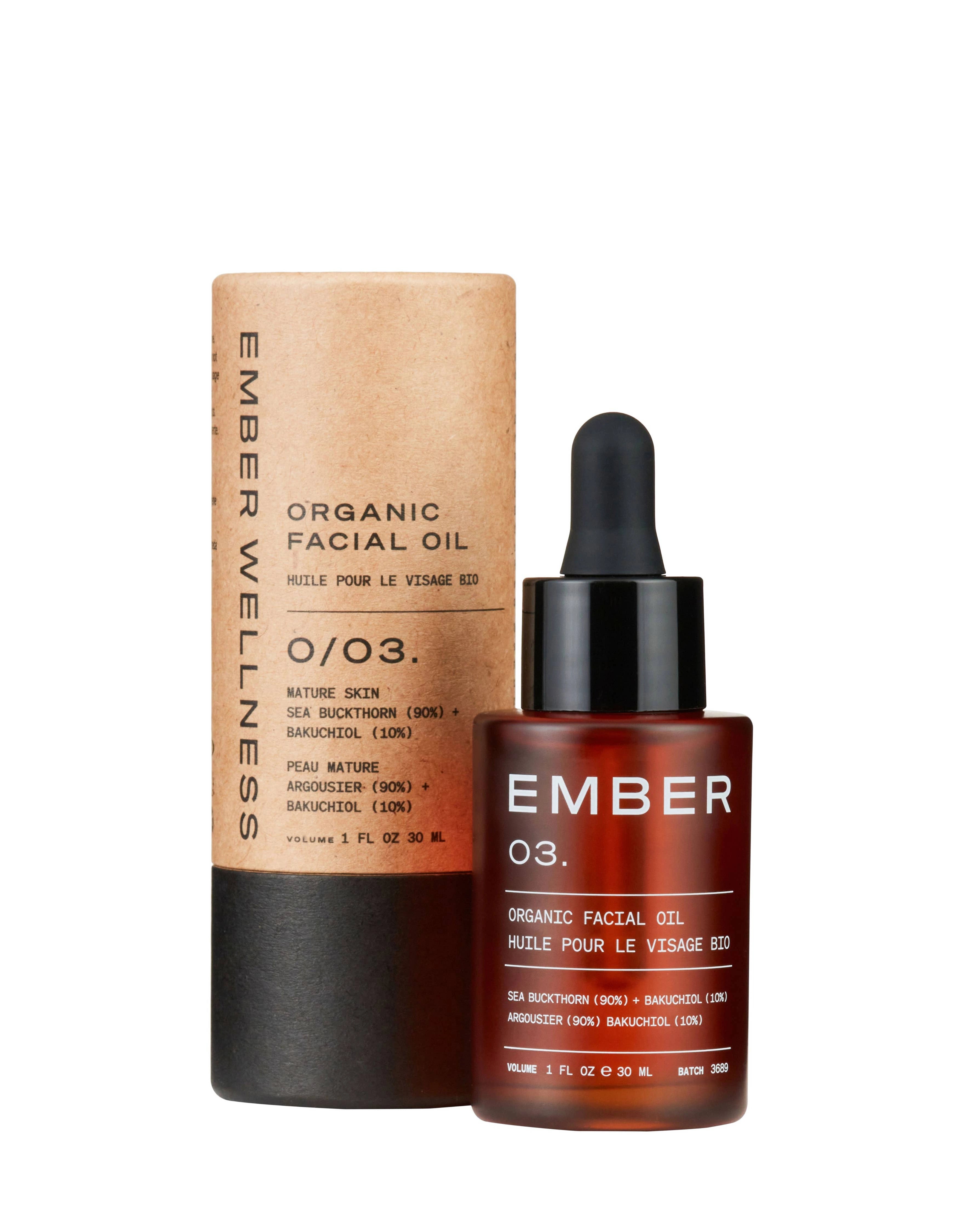 Ember Wellness organic facial oil bottle with dropper