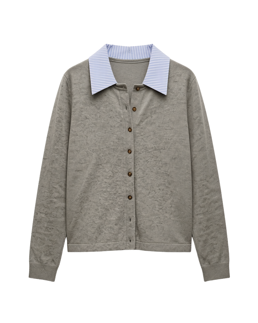 grey cardigan with blue and white stripe blouse collar and cuff