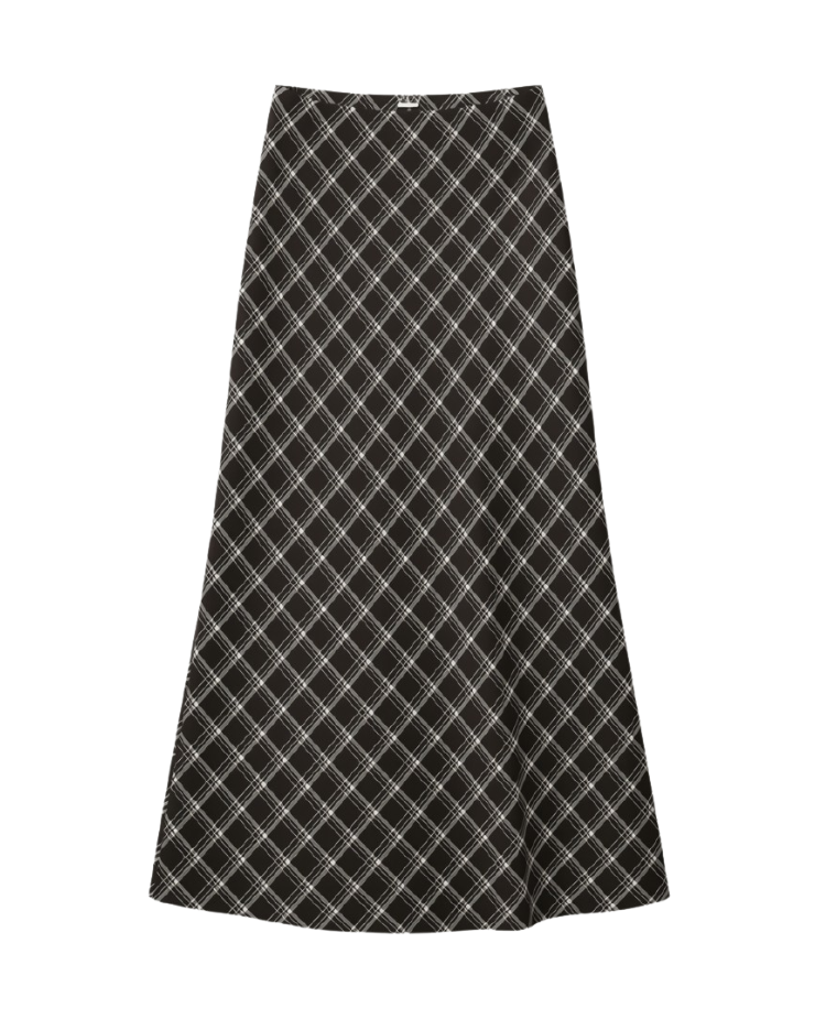 black midi skirt in black plaid