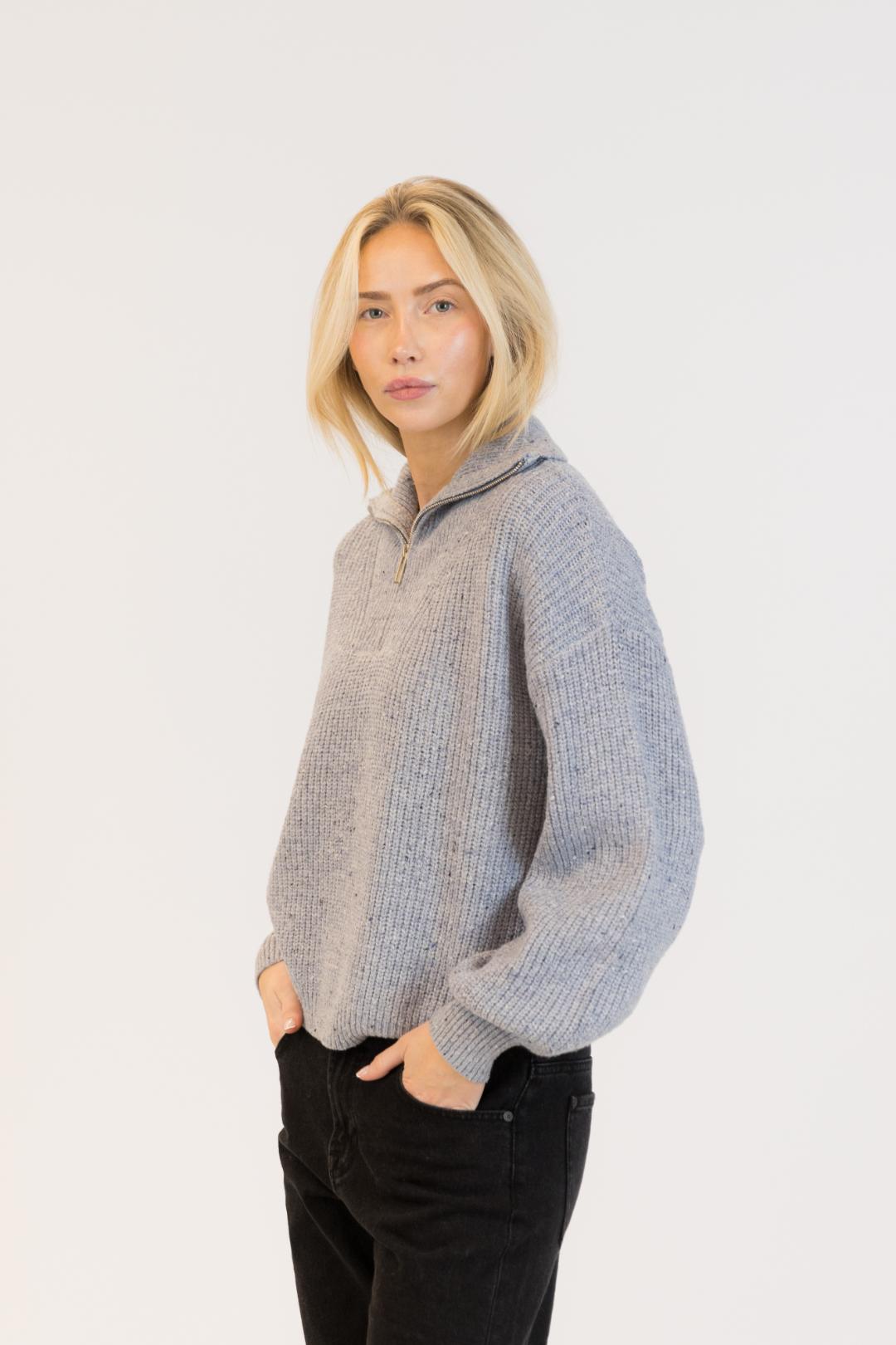 light grey knit half zip sweater