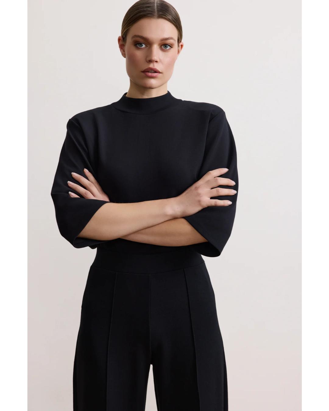 elbow length sweater in black with mock neck