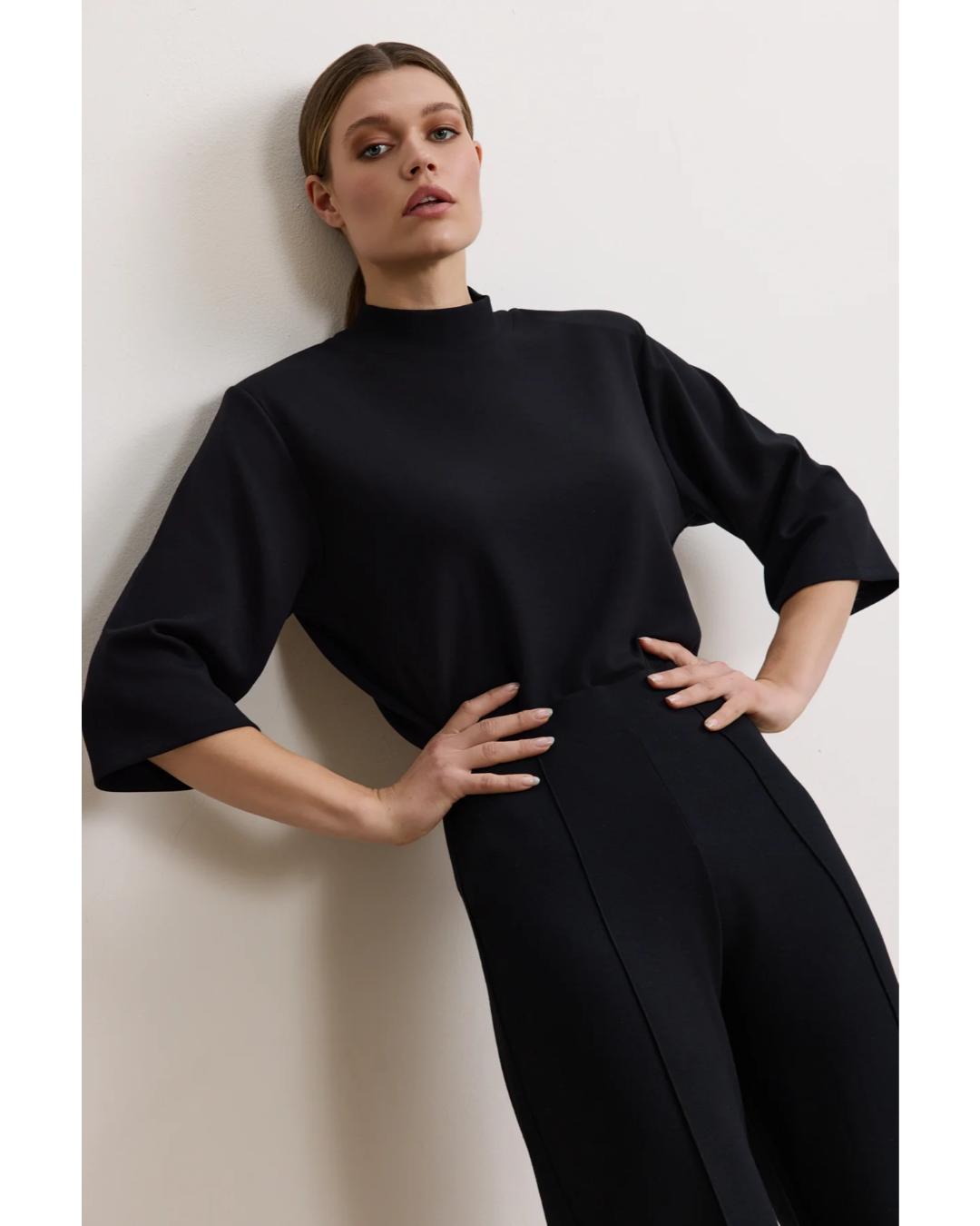 elbow length sweater in black with mock neck