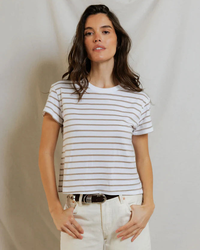 white and beige stripe t-shirt