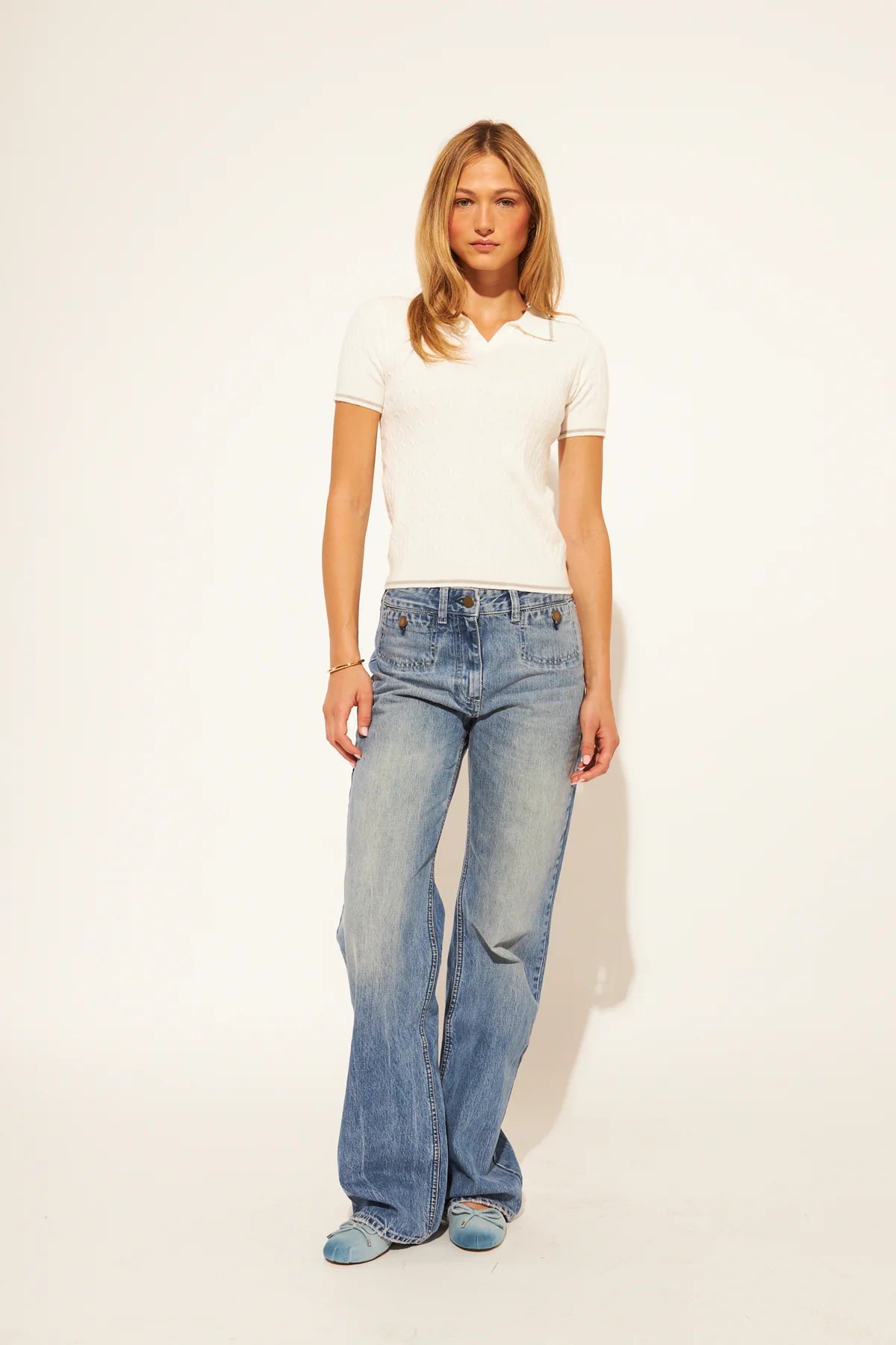 short sleeve cable knit top in white