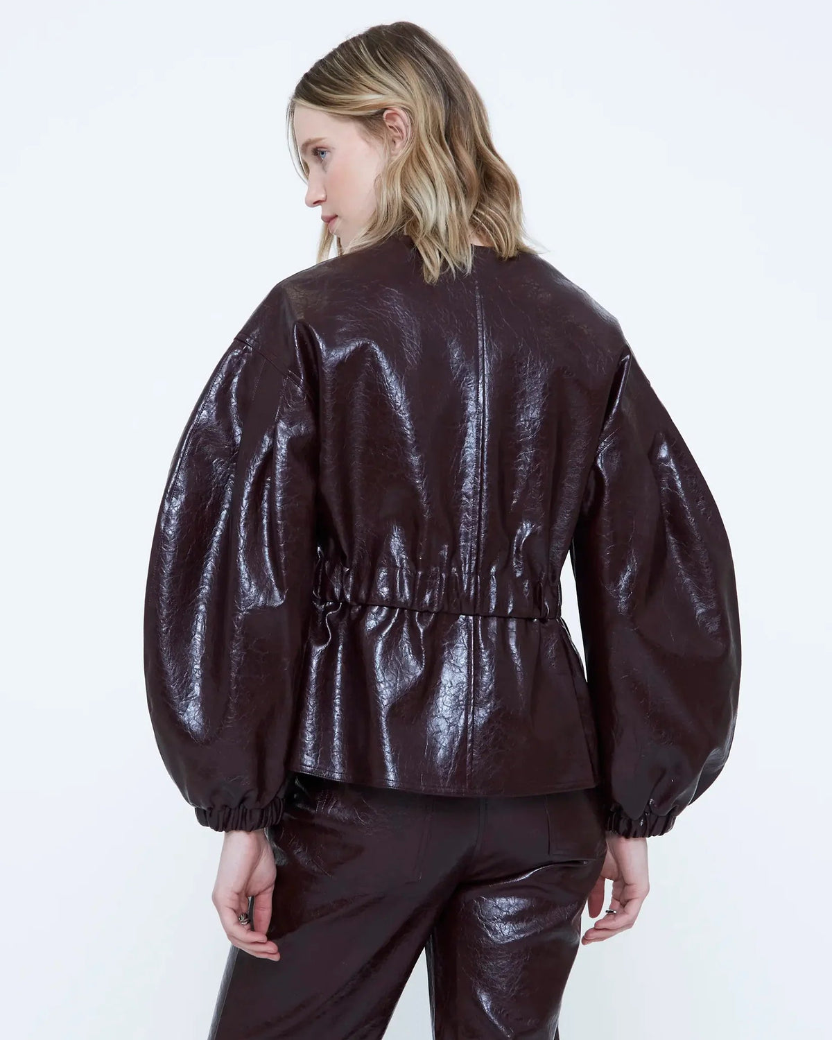 faux leather burgundy jacket with balloon sleeves