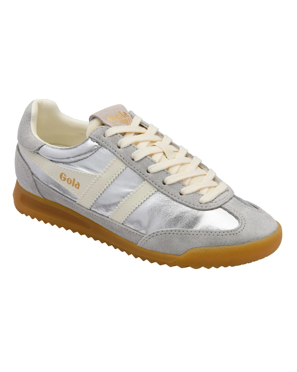 grey and silver sneaker with cream details and laces