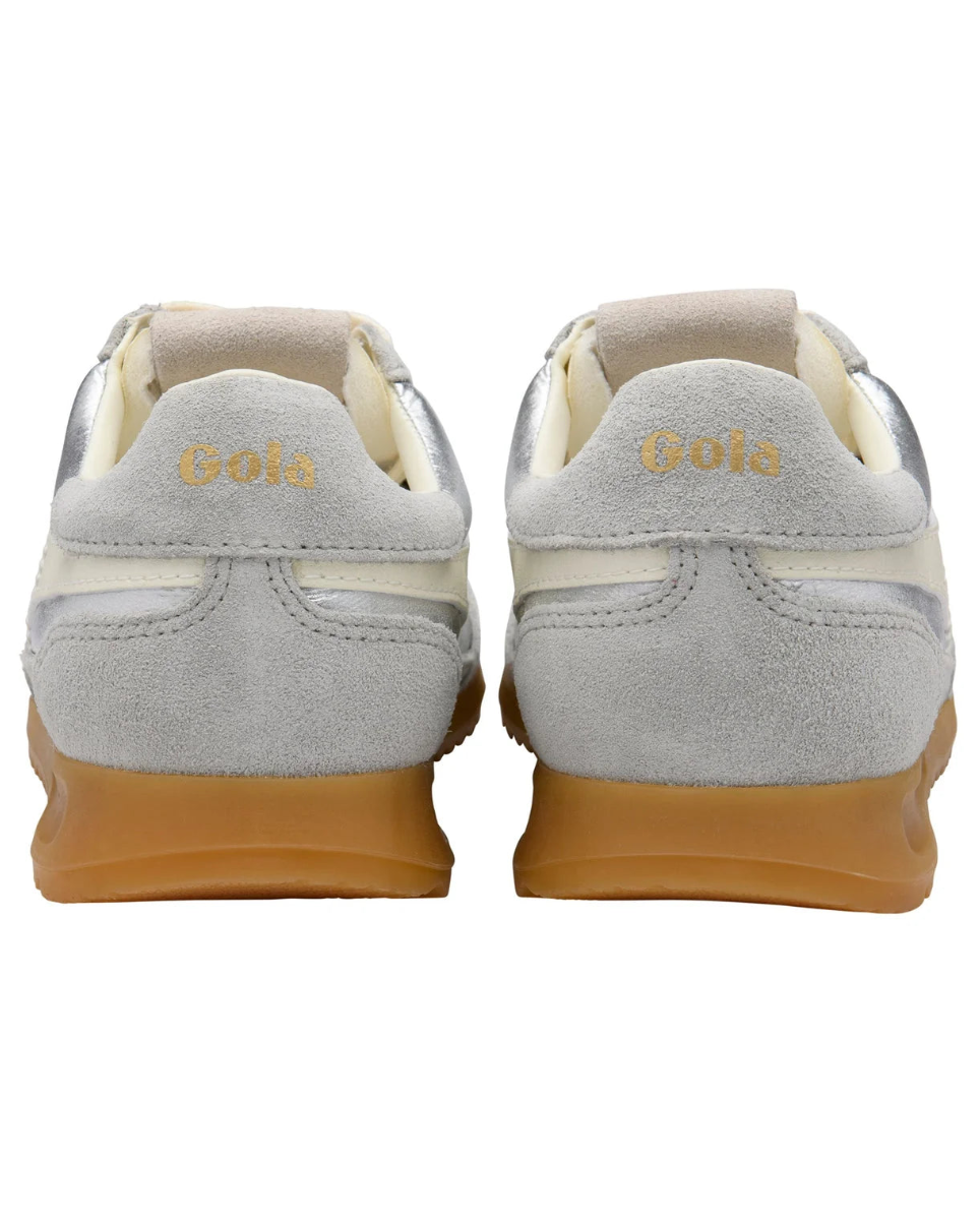 grey and silver sneaker with cream details and laces