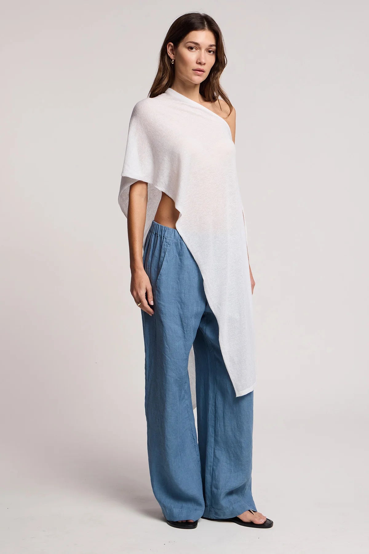 off the shoulder white draped sweater