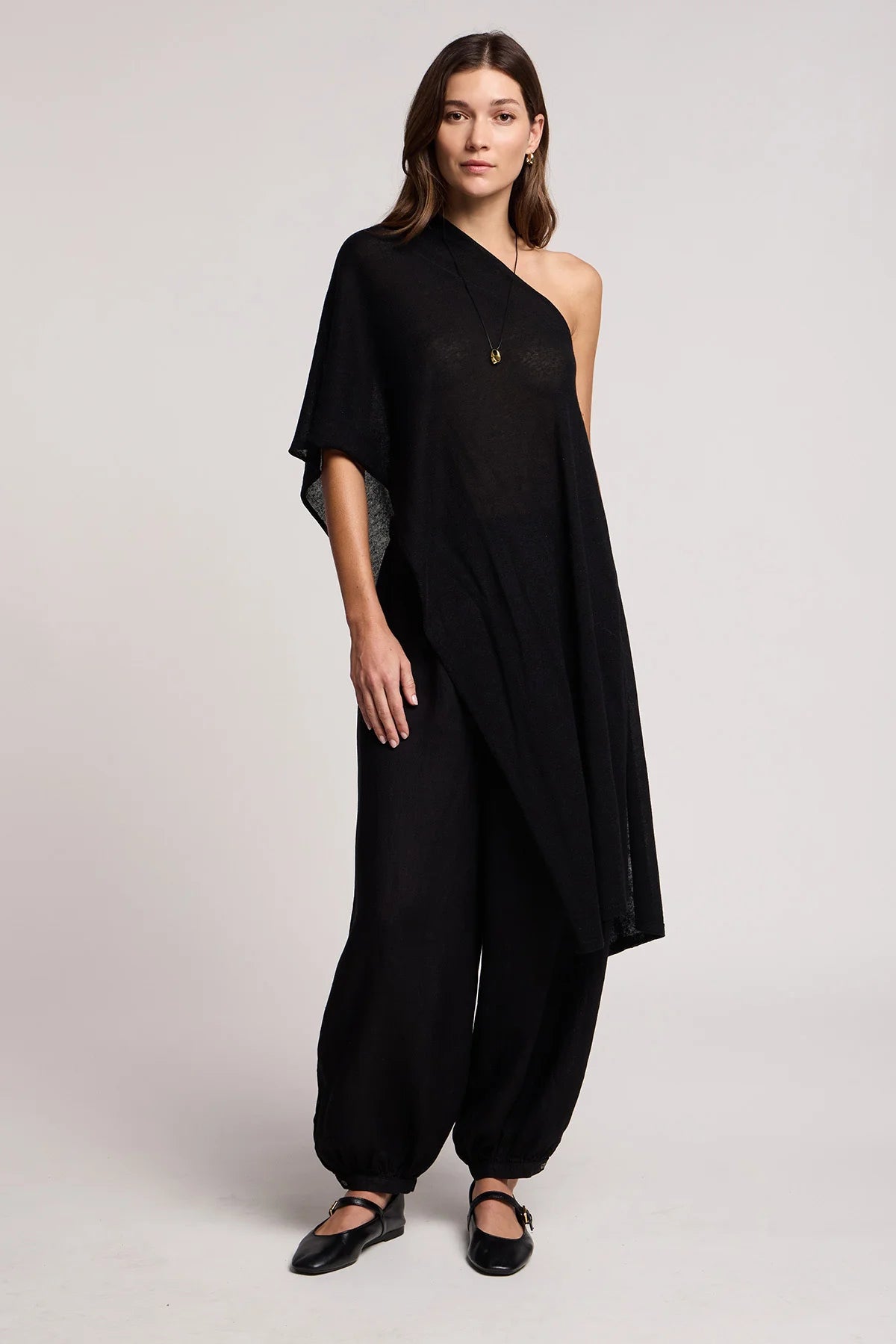 linen off the shoulder cape sweater