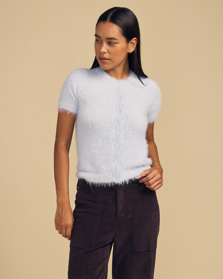 light blue short sleeve fuzzy cardigan