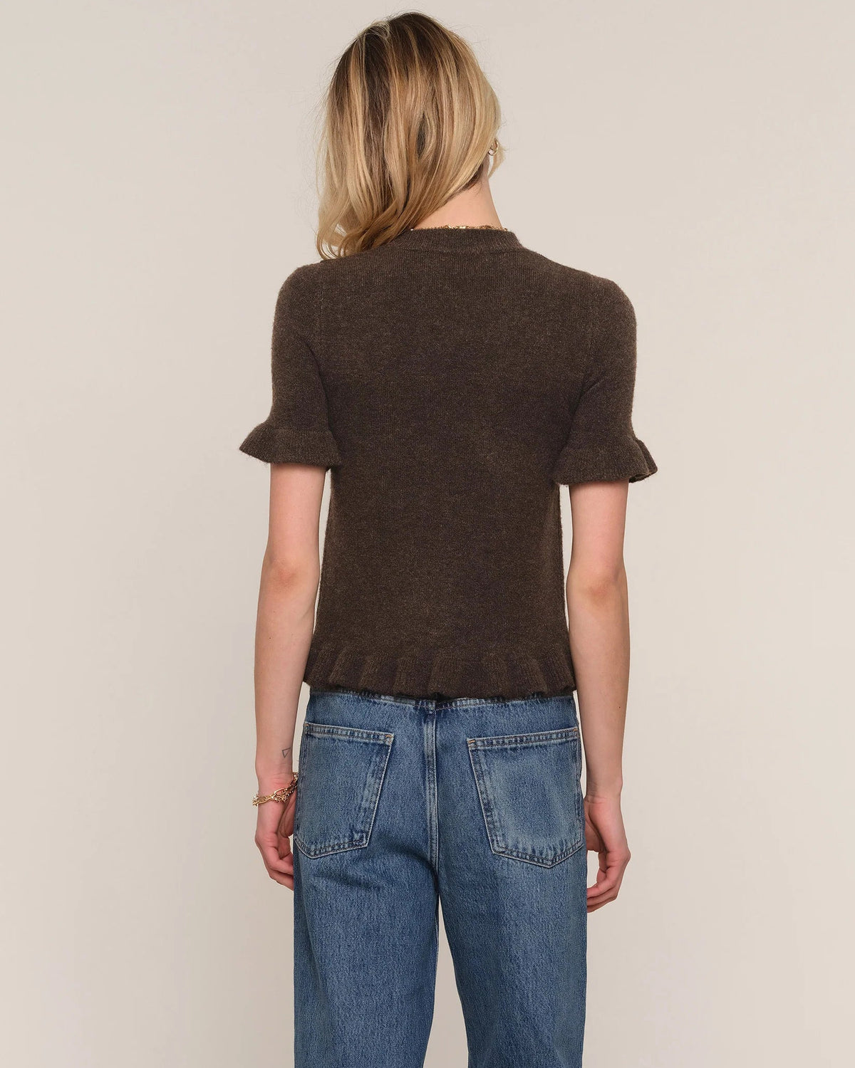 knit brown short sleeve top with peplum