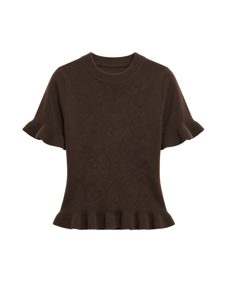 knit brown short sleeve top with peplum