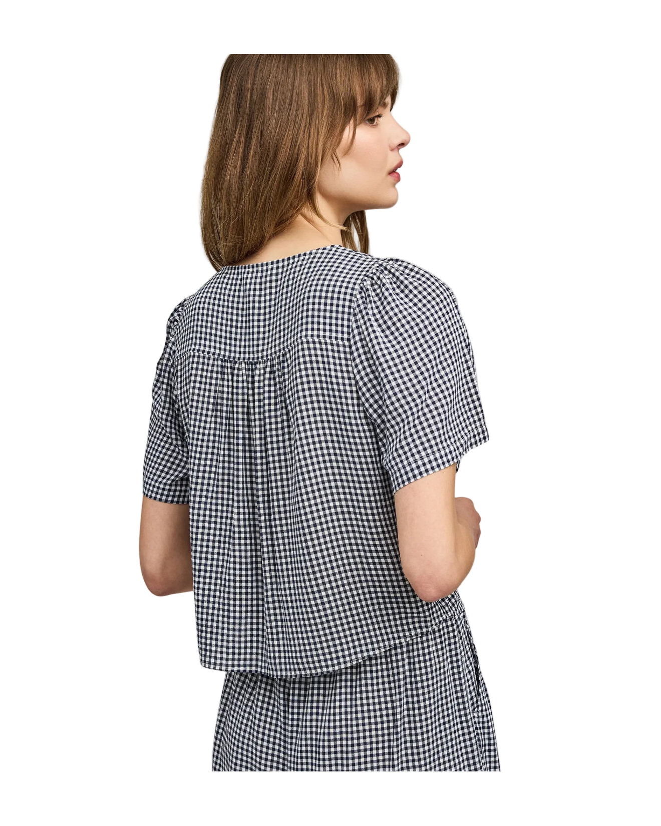 navy gingham short sleeve blouse