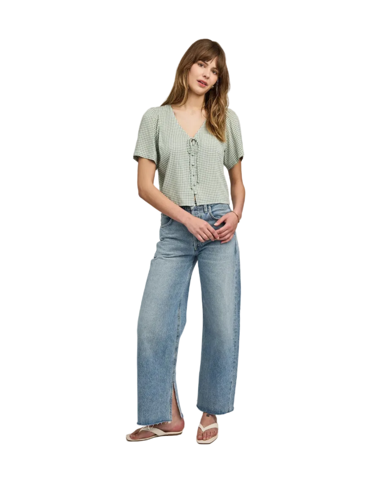 green gingham short sleeve blouse