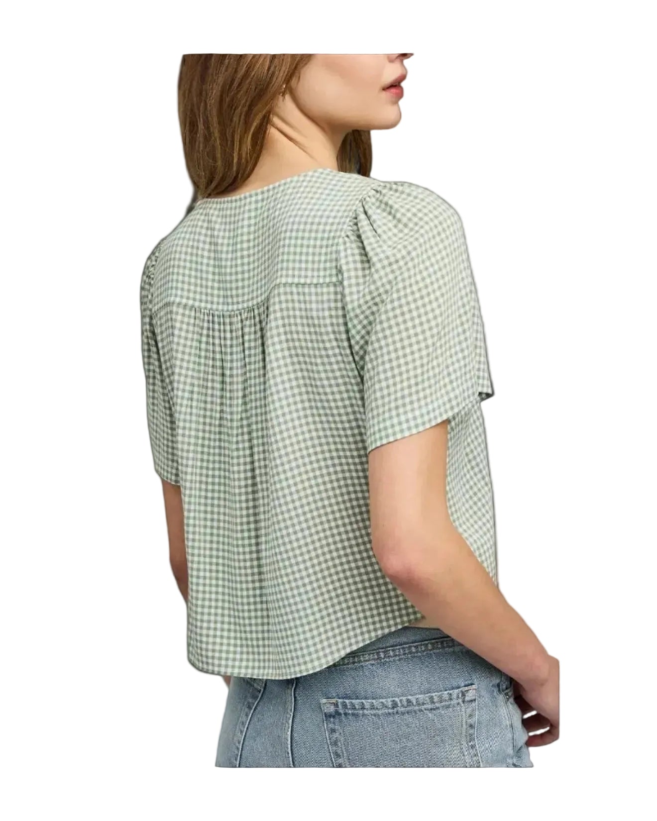 green gingham short sleeve blouse