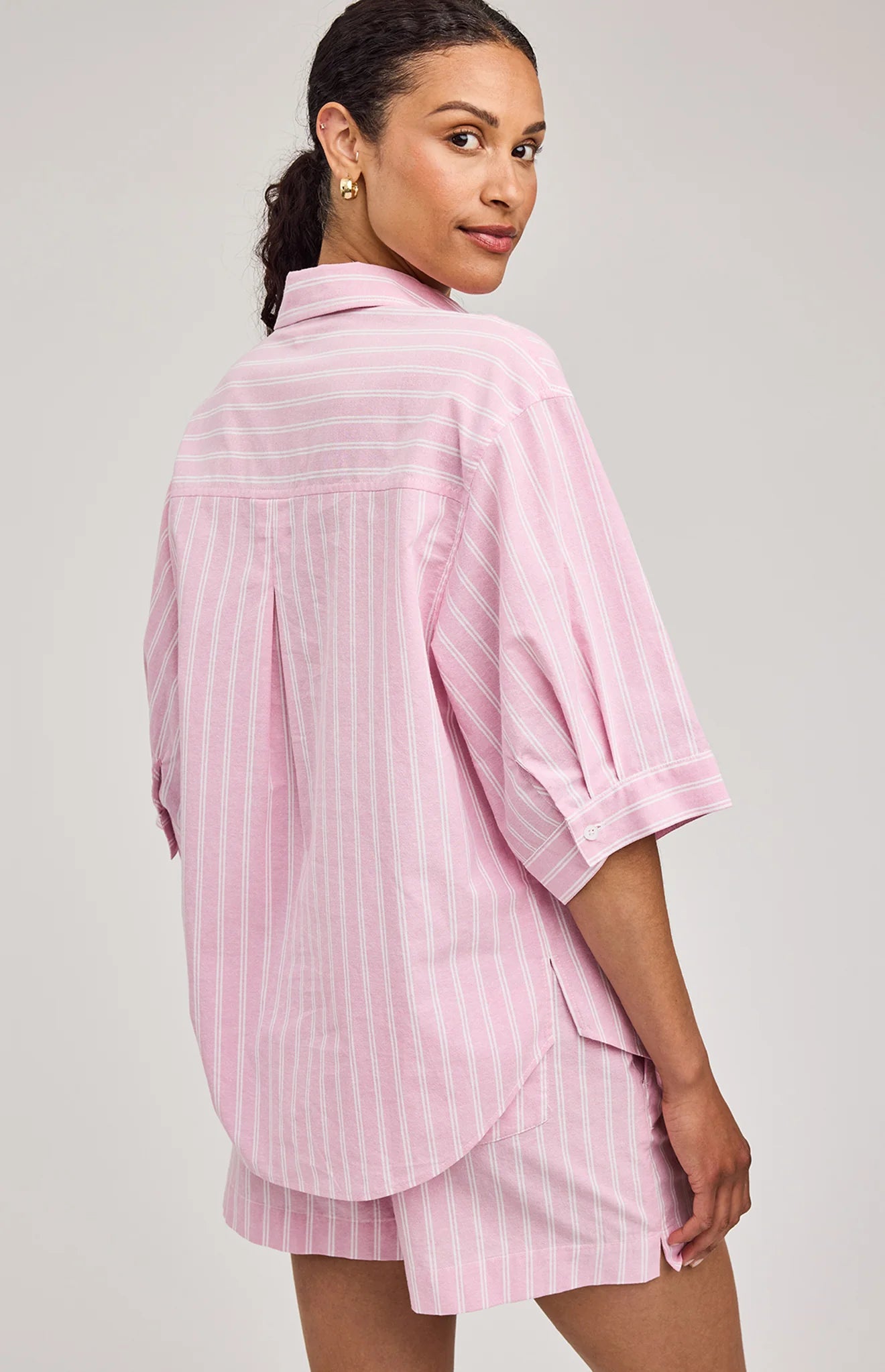 pink stripe short sleeve button down