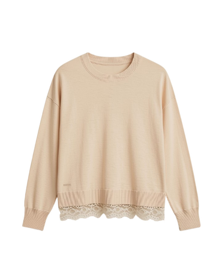 beige knit sweater with lace trim on bottom