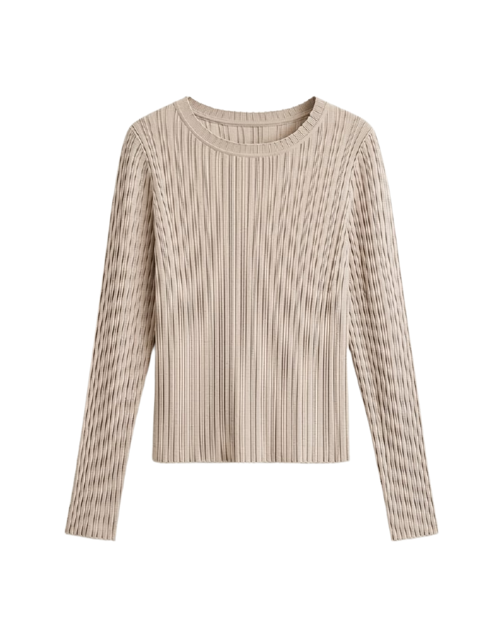 beige long sleeve sweater with pointelle details