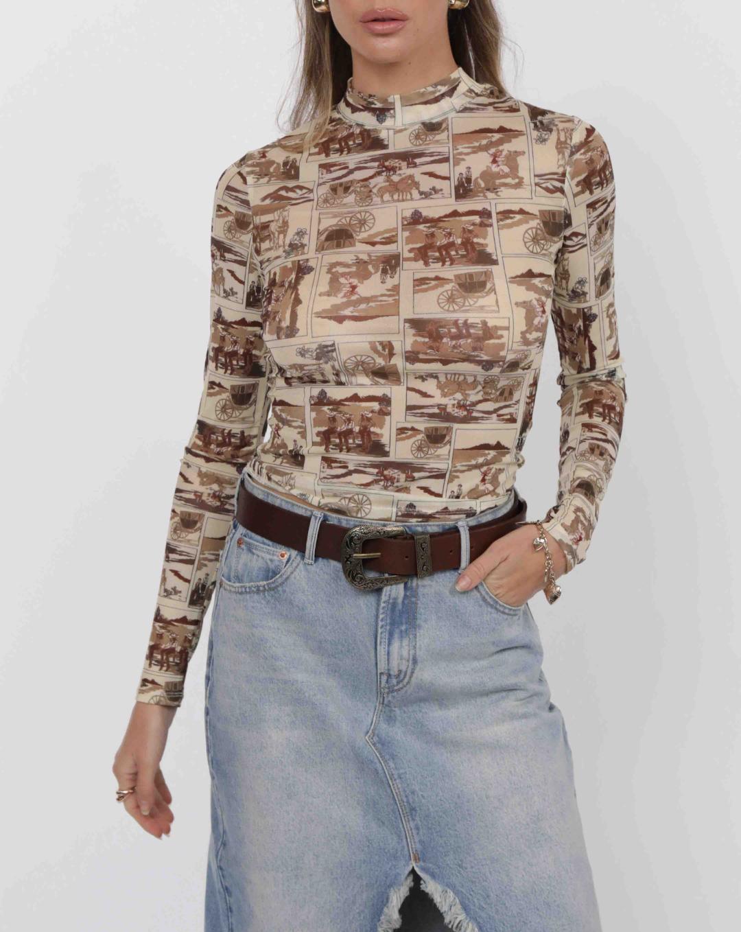 long sleeve mesh brown top