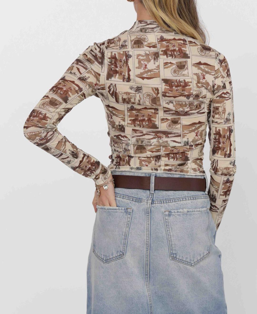 back view of a long sleeve mesh brown top