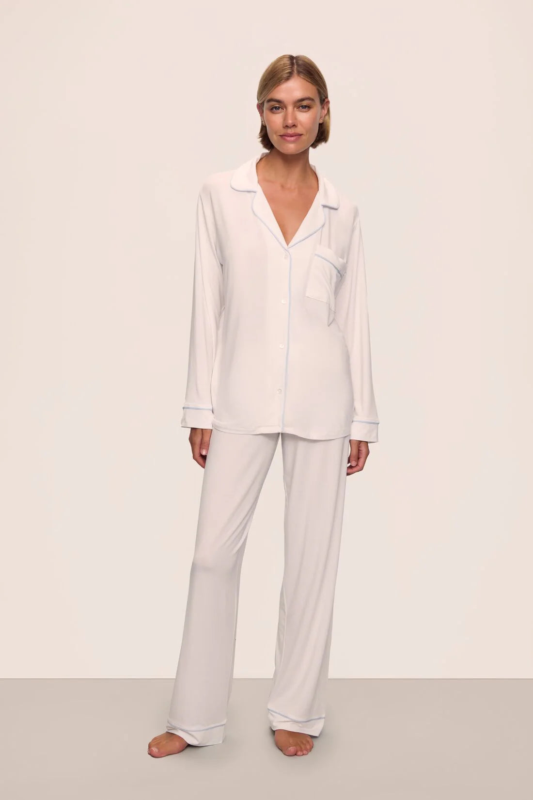white pj set with blue trim