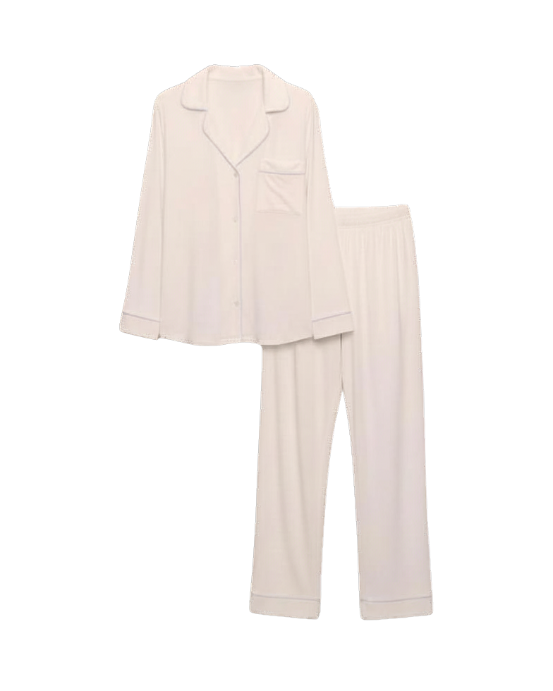 white pj set with blue trim