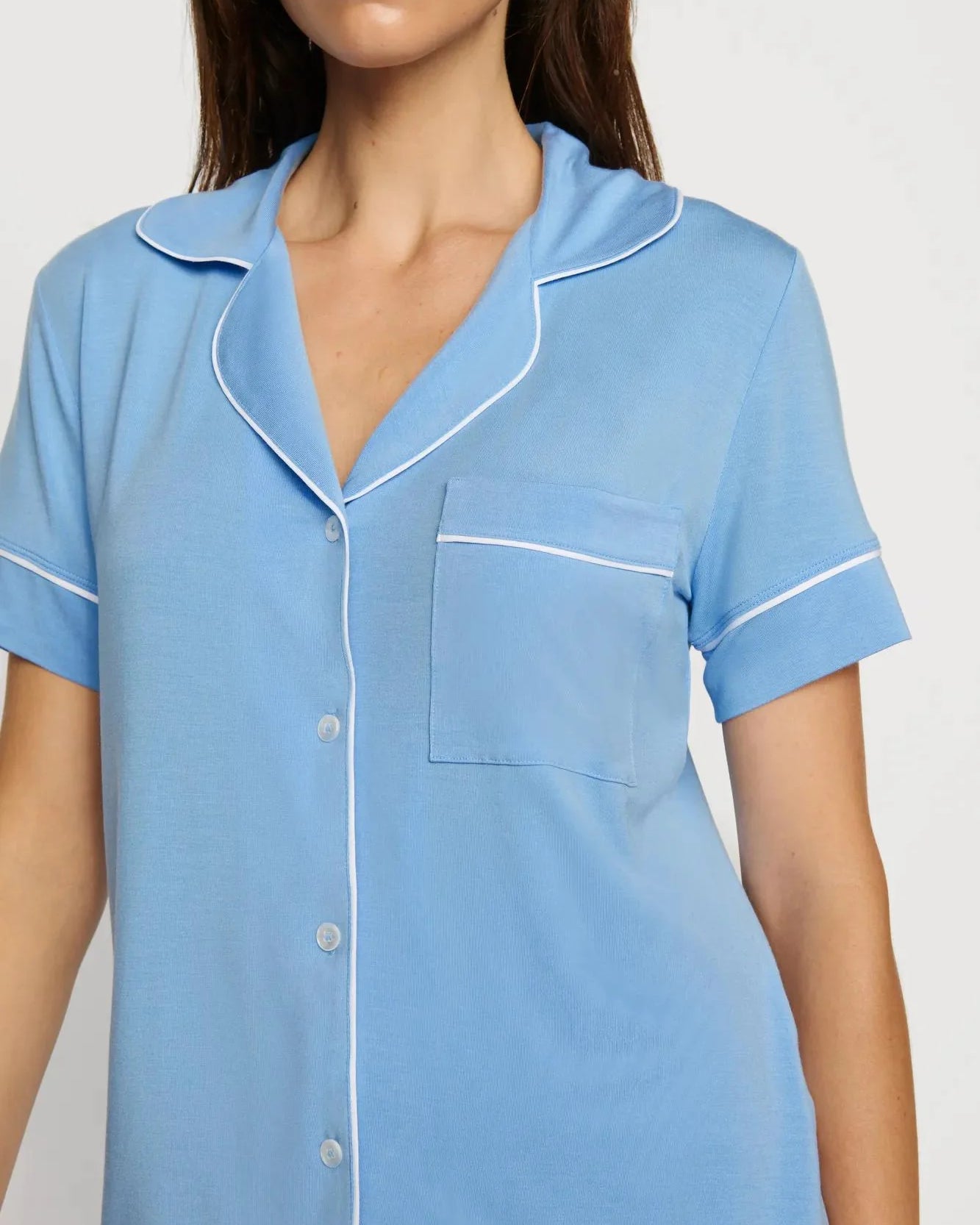 blue pj short and top set with white trim