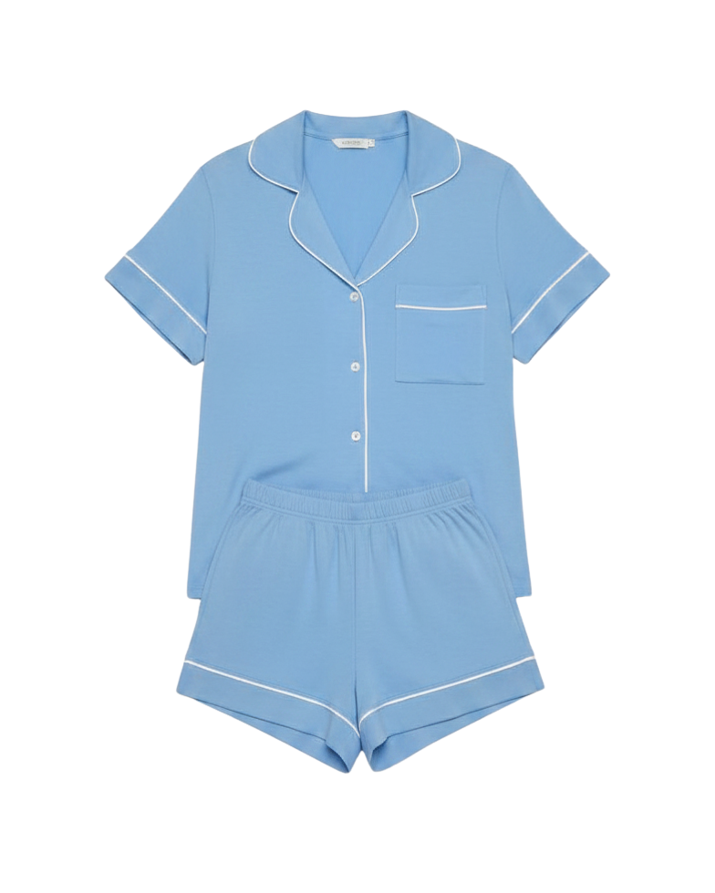 blue pj short and top set with white trim