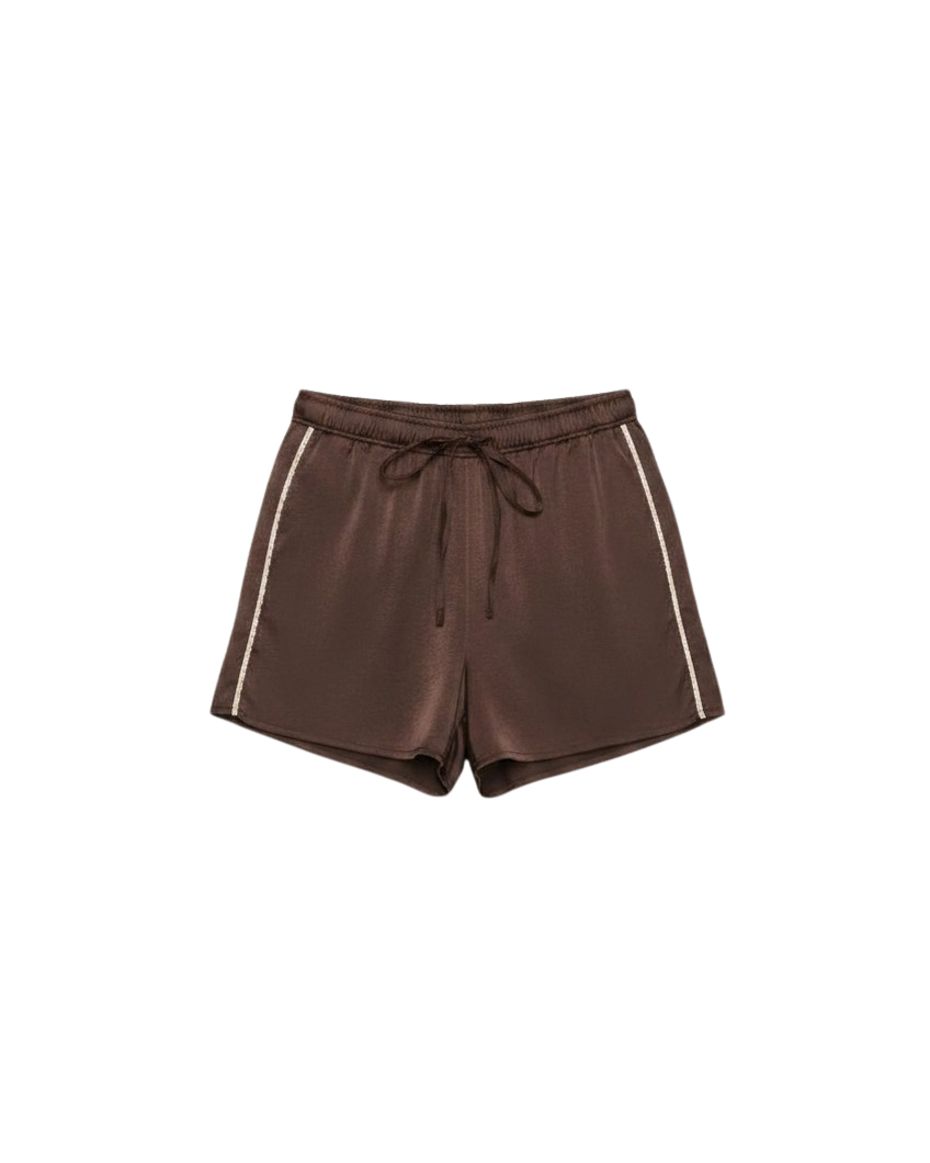 brown satin short with a cream trim on the side