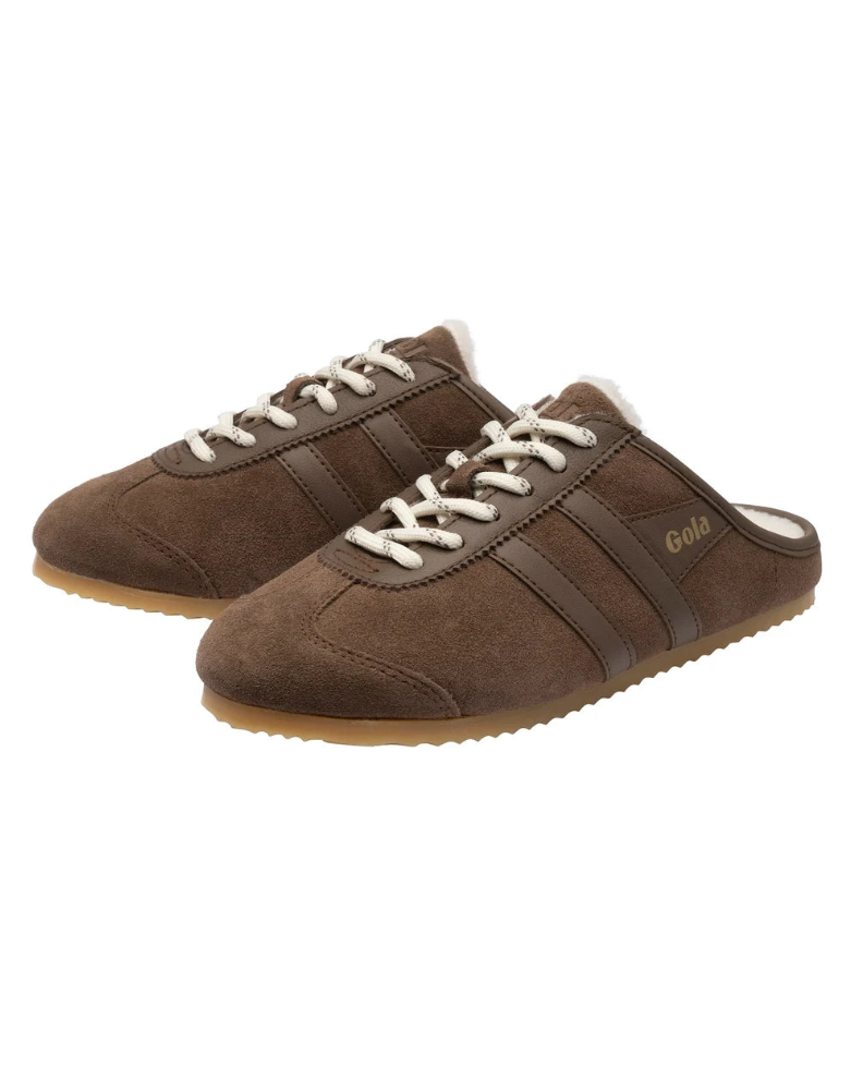 dark brown sneaker mule with white laces