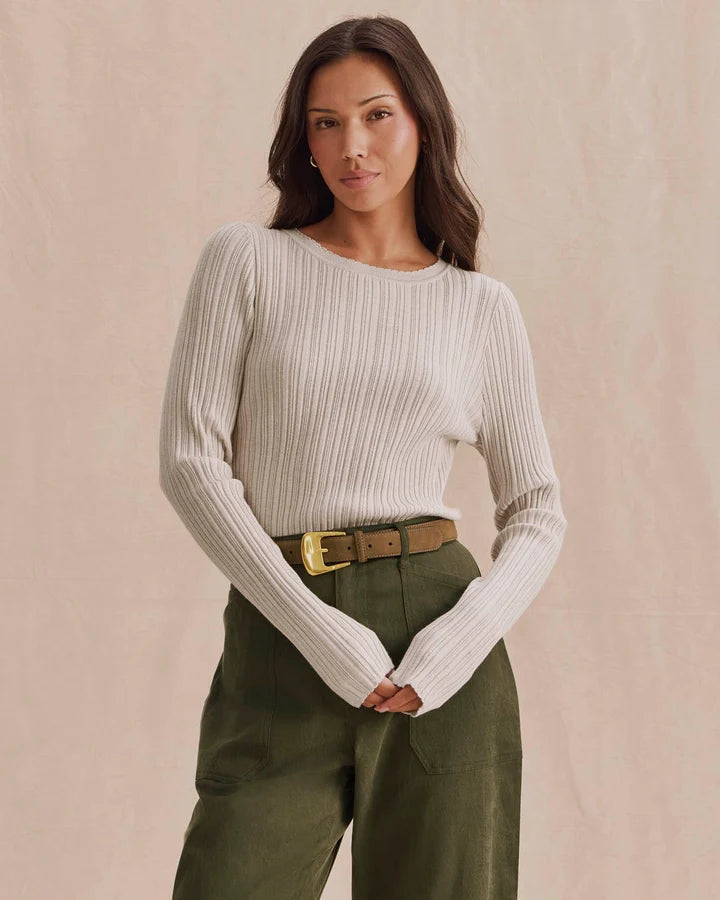 beige long sleeve sweater with pointelle details