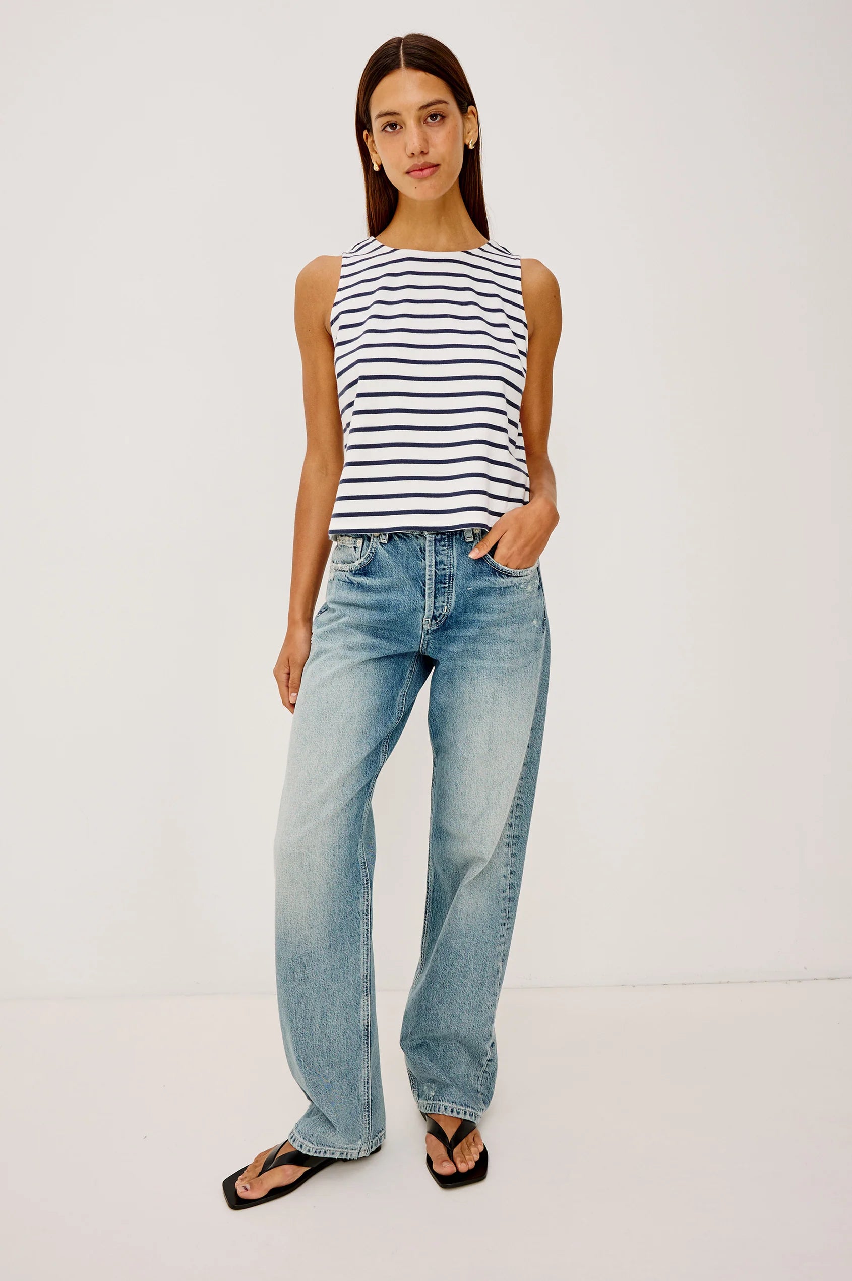 white tank top with navy stripes