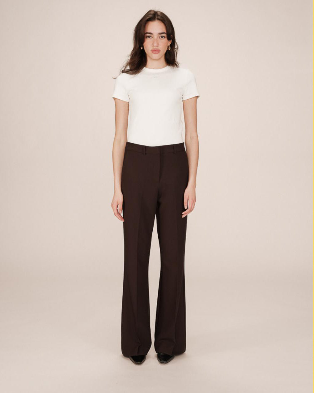 woman wearing brown tailored wide leg pants and white tee