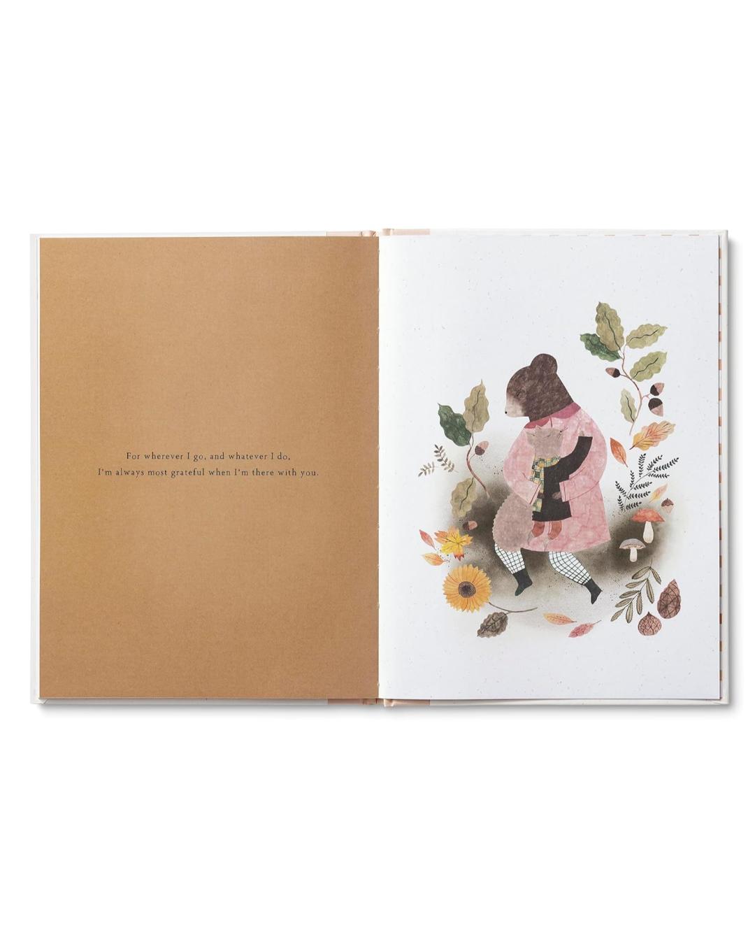 Open book with a illustration of a person and dog on a white background