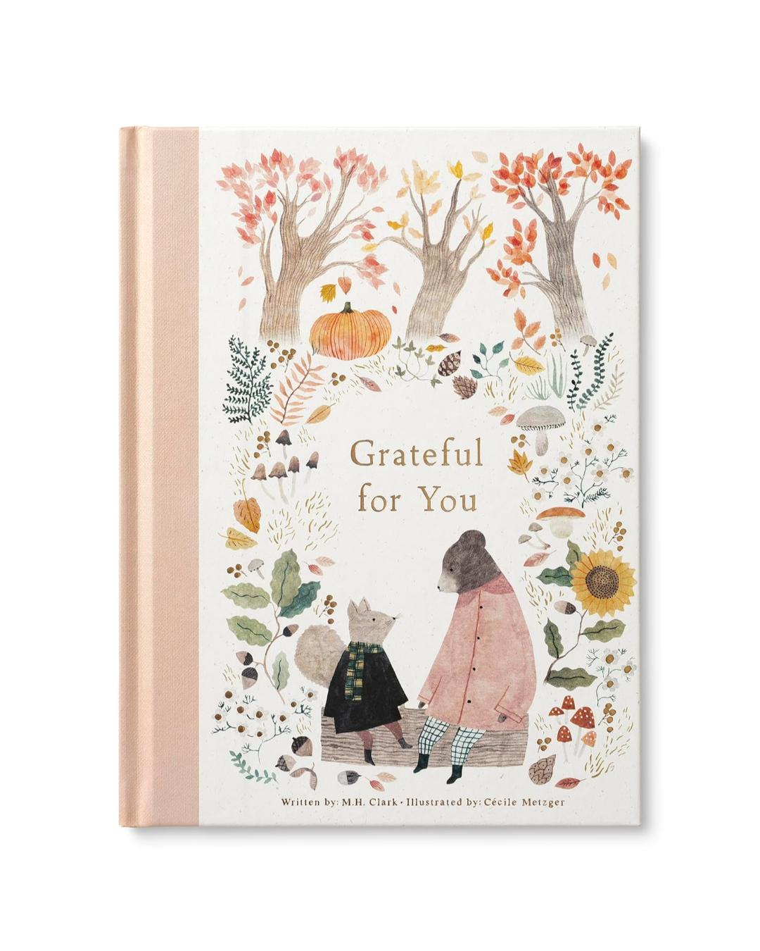 Book cover with illustrations of animals and autumn elements, featuring the text 'Grateful for You'.