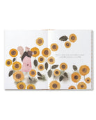 Illustration of a person surrounded by sunflowers on a white background