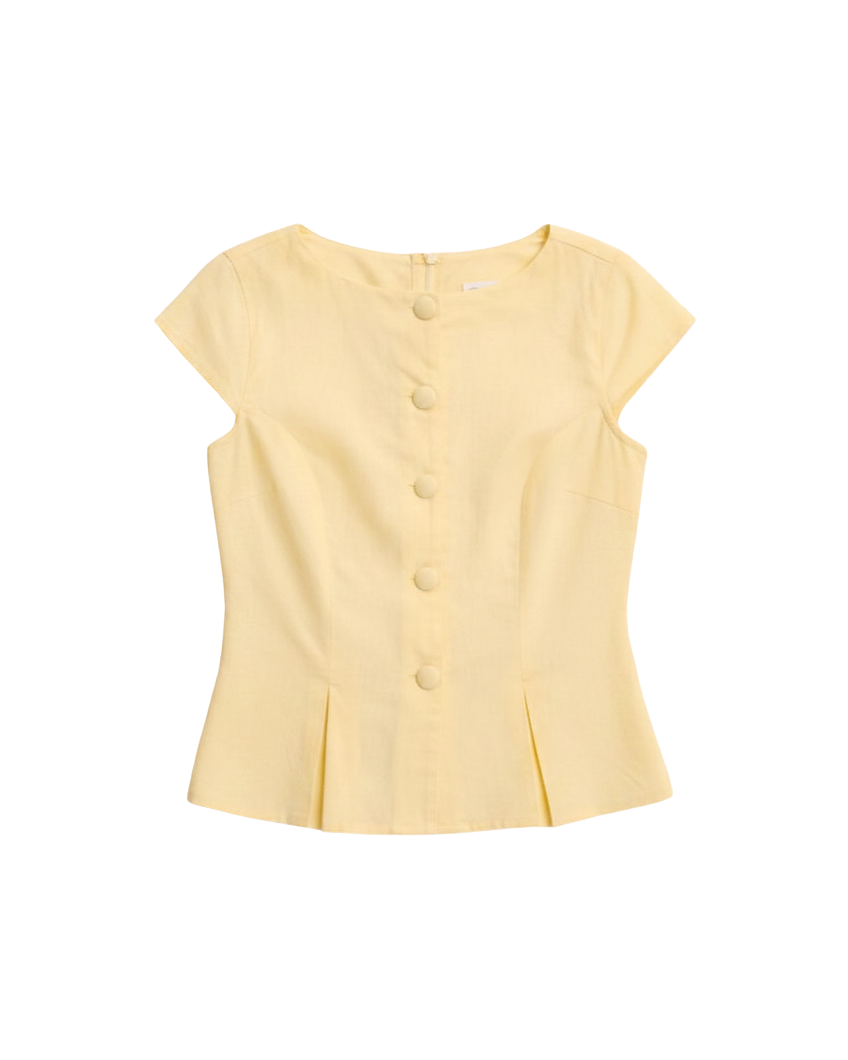 yellow top with buttons down the front and a cap sleeve