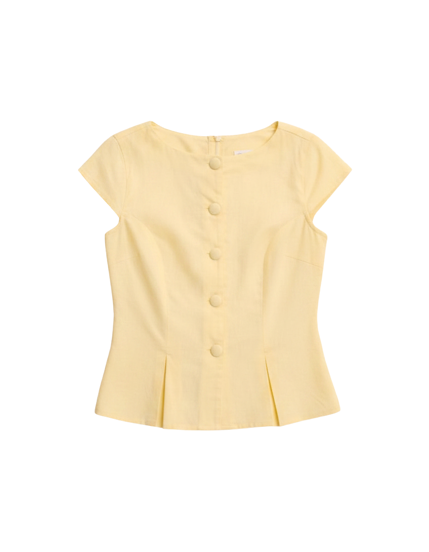 yellow top with buttons down the front and a cap sleeve